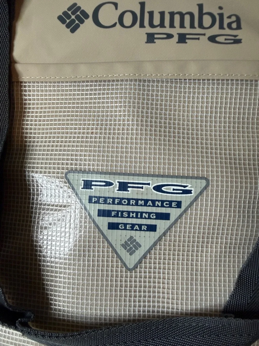 Columbia PFG Tan Duffel Tote with Black Base and Navy Straps
